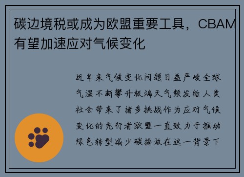 碳边境税或成为欧盟重要工具，CBAM有望加速应对气候变化