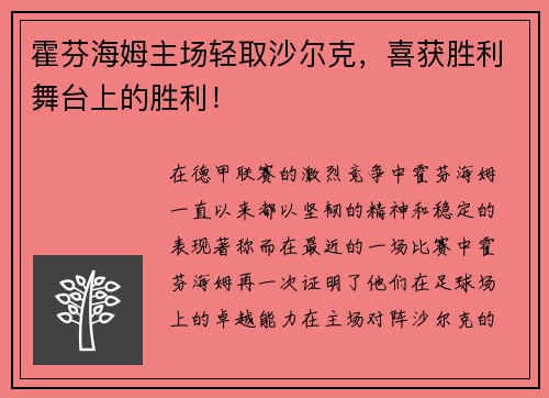 霍芬海姆主场轻取沙尔克，喜获胜利舞台上的胜利！